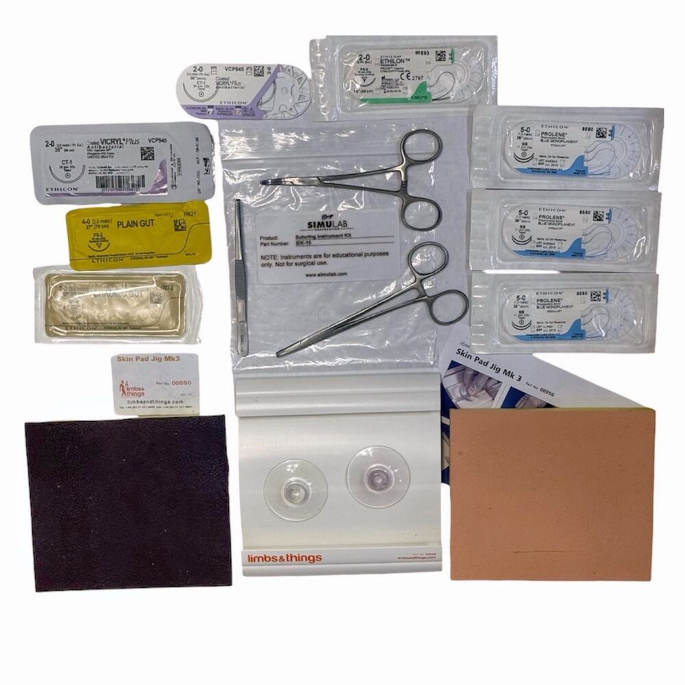Med Student Suture Practice Kit: Limbs & Things Skin Pads, Jig; Simulab Tool Set